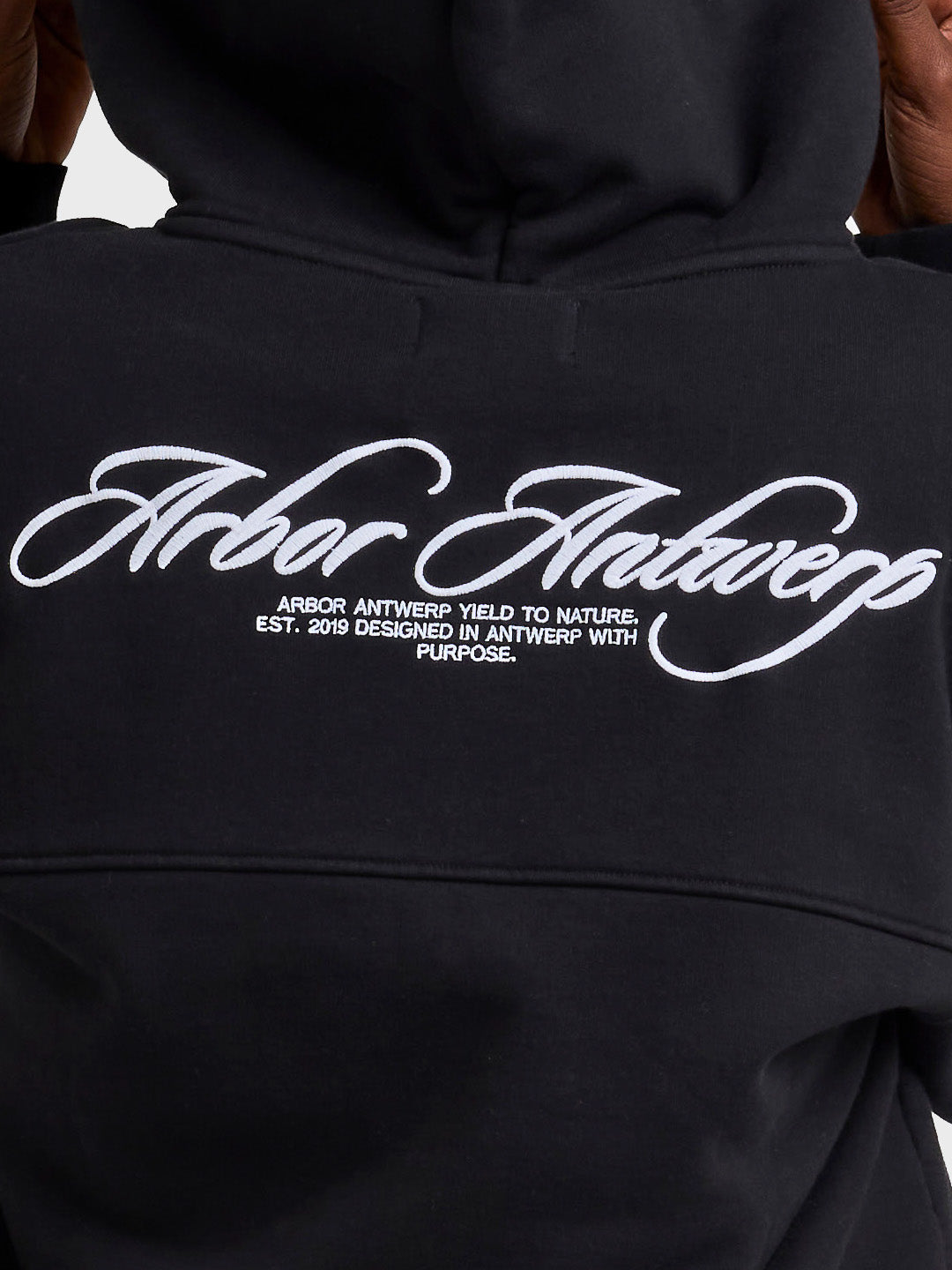 Arbor Antwerp Cursive Zip Hoodie Black - close-up achterkant