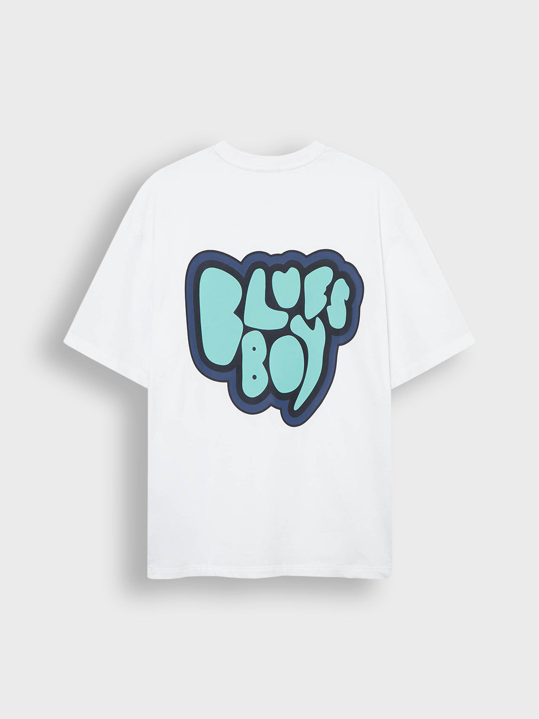 Achterkant van het witte Don't Waste Culture Calyra T-Shirt met blauwe Blues Boy graphic