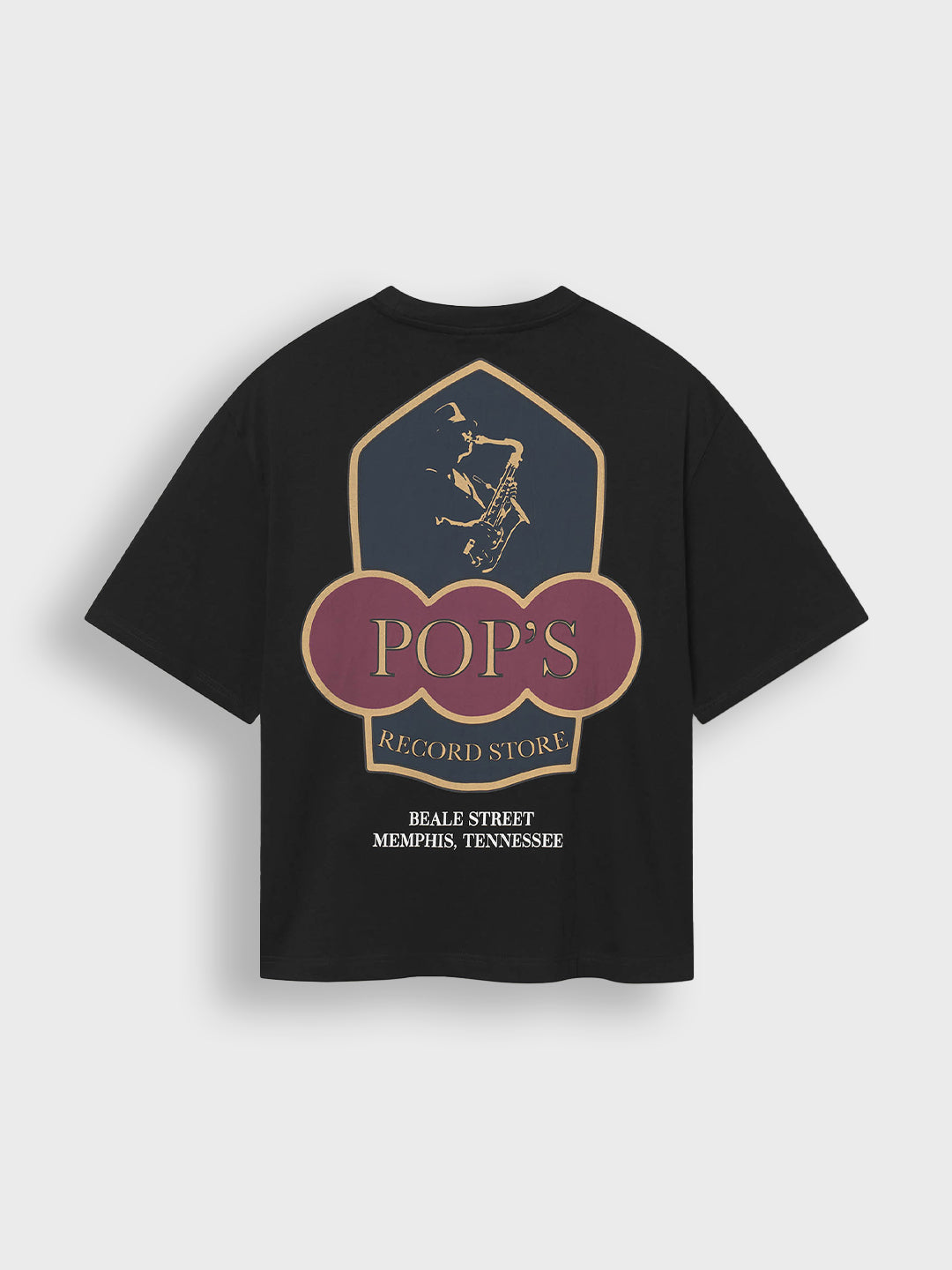 Zwarte Zalira T-shirt achterkant met Pop’s Record Store graphic van Don't Waste Culture