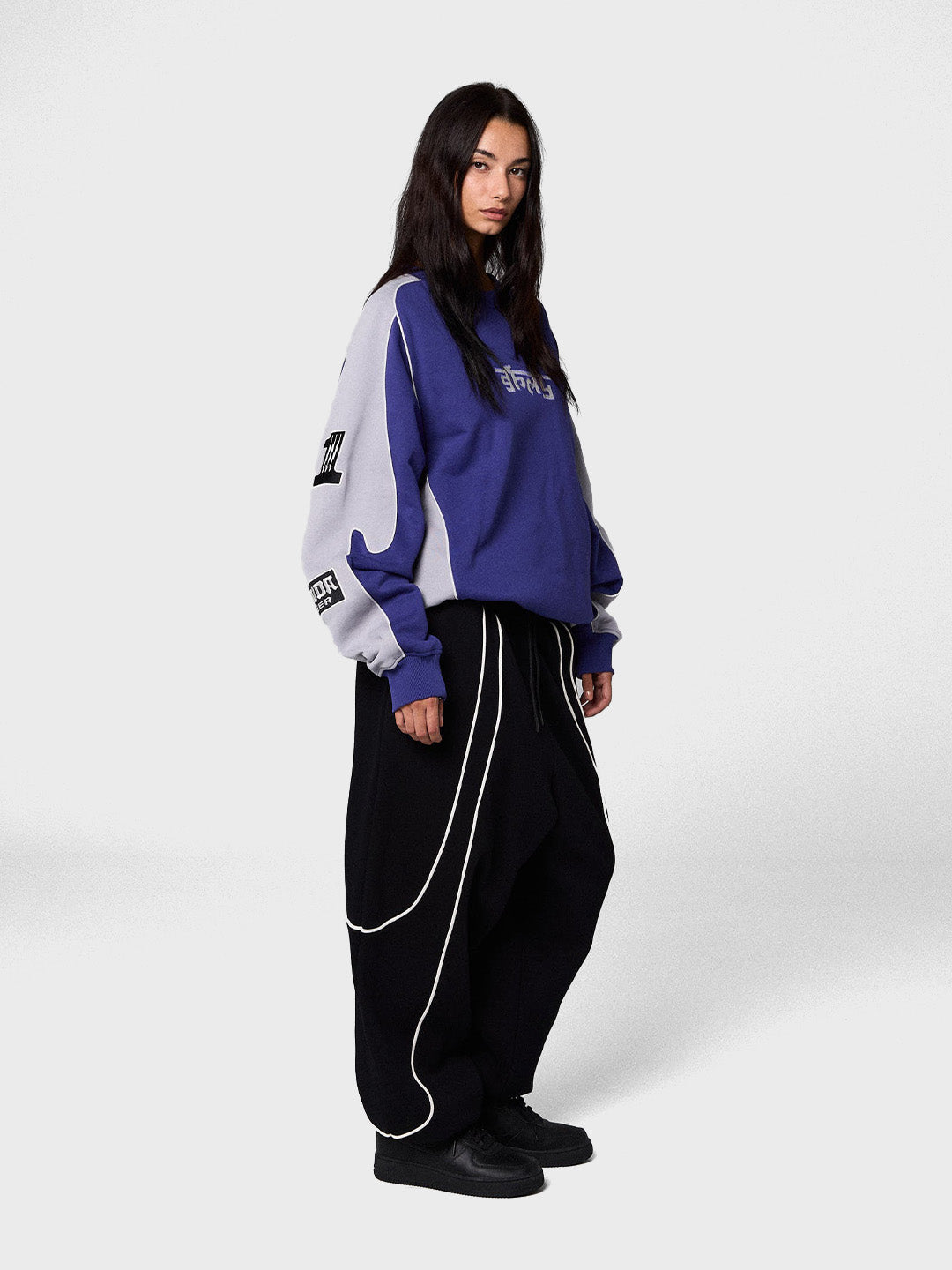 Grimey Race War Crewneck Sweater Blue – model outfit