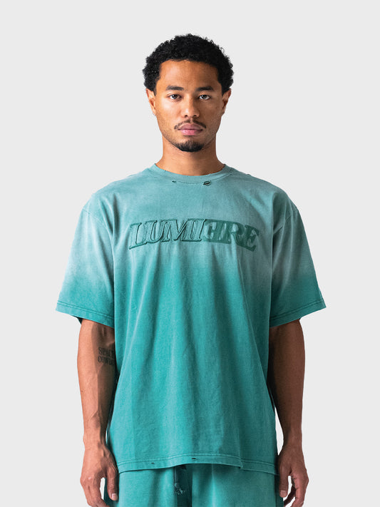 Model draagt Lumi3re Fade Logo T-Shirt in Washed Green