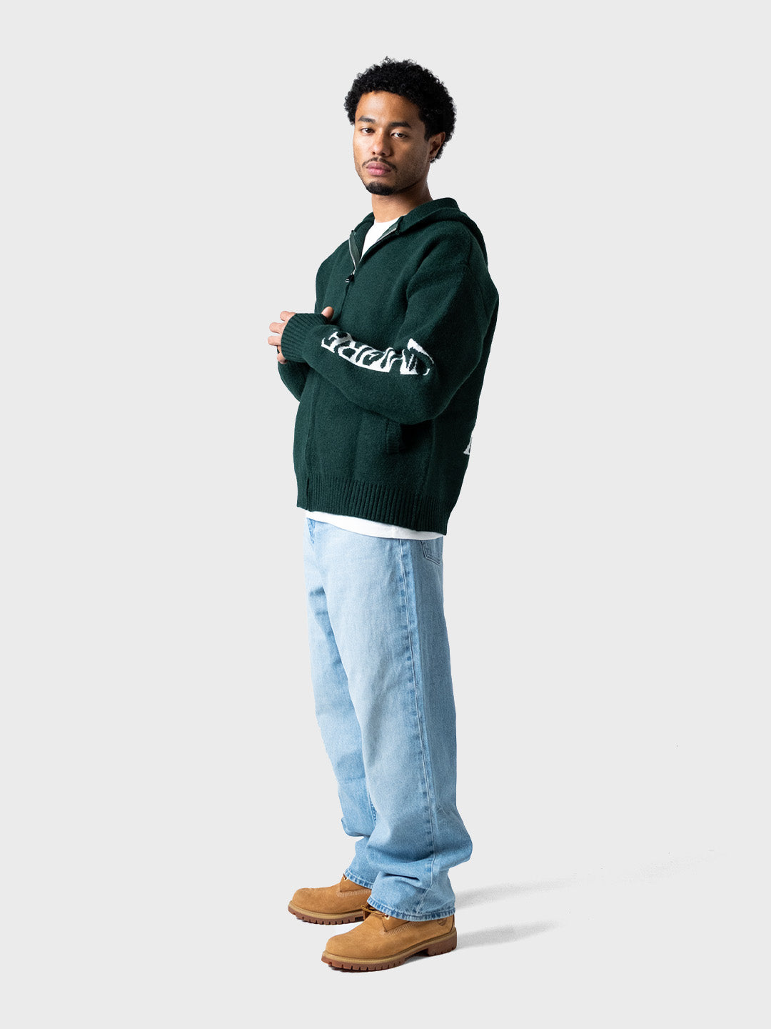 Lumi3re Republique Knitted Zip Hoodie Green model full outfit