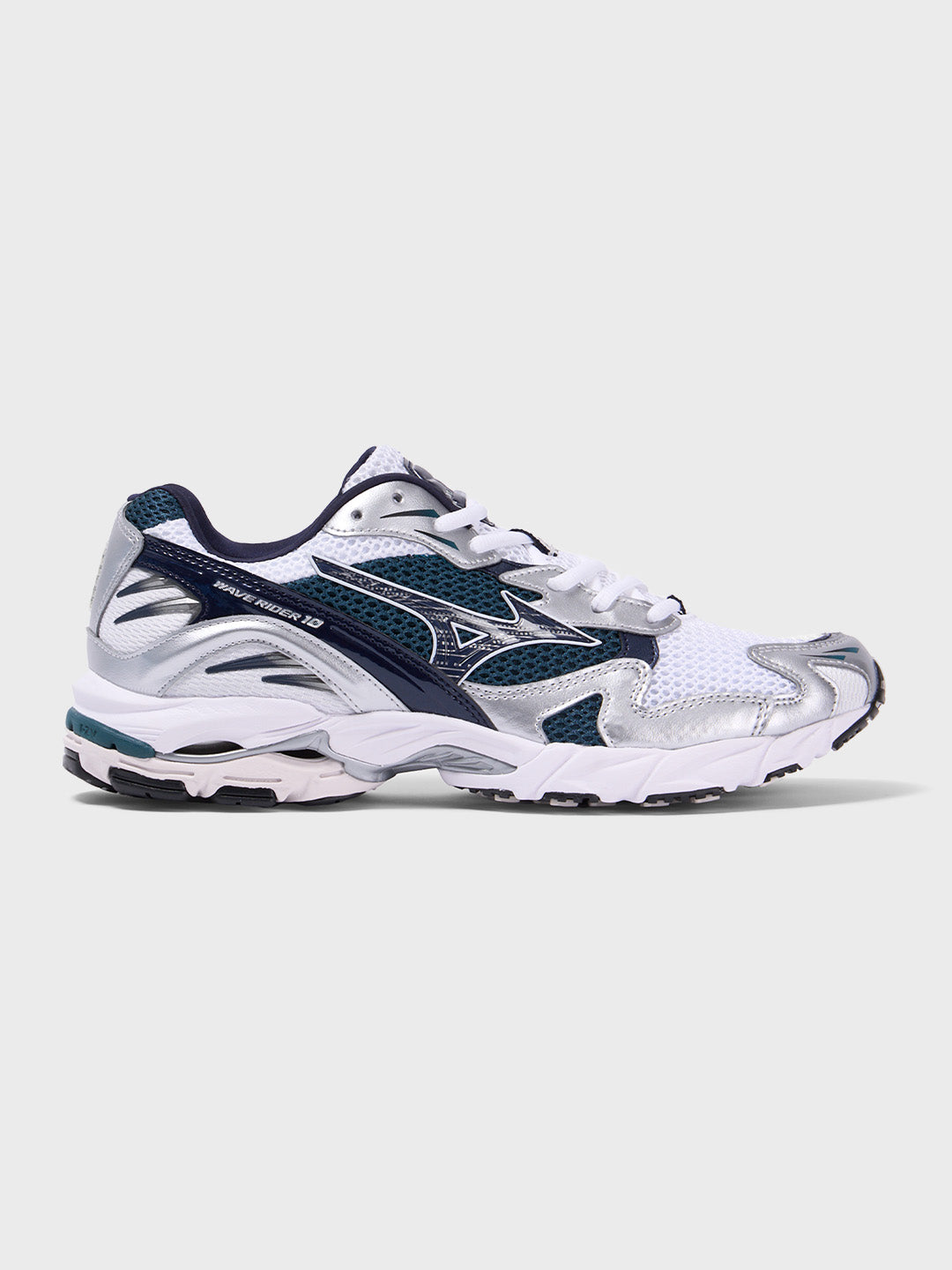 Mizuno Wave Rider 10 White/Deep Teal sneakers zijaanzicht met teal en zilveren details