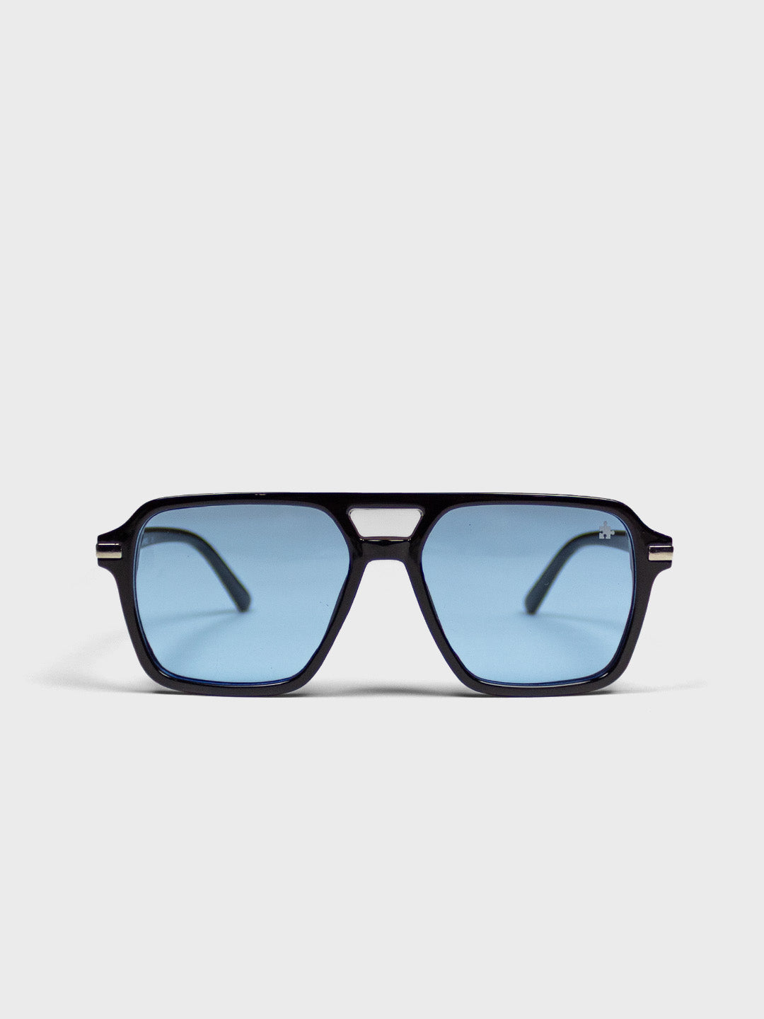 The Missing Piece Aviator Shades Black/Blue – voorkant met blauwe glazen