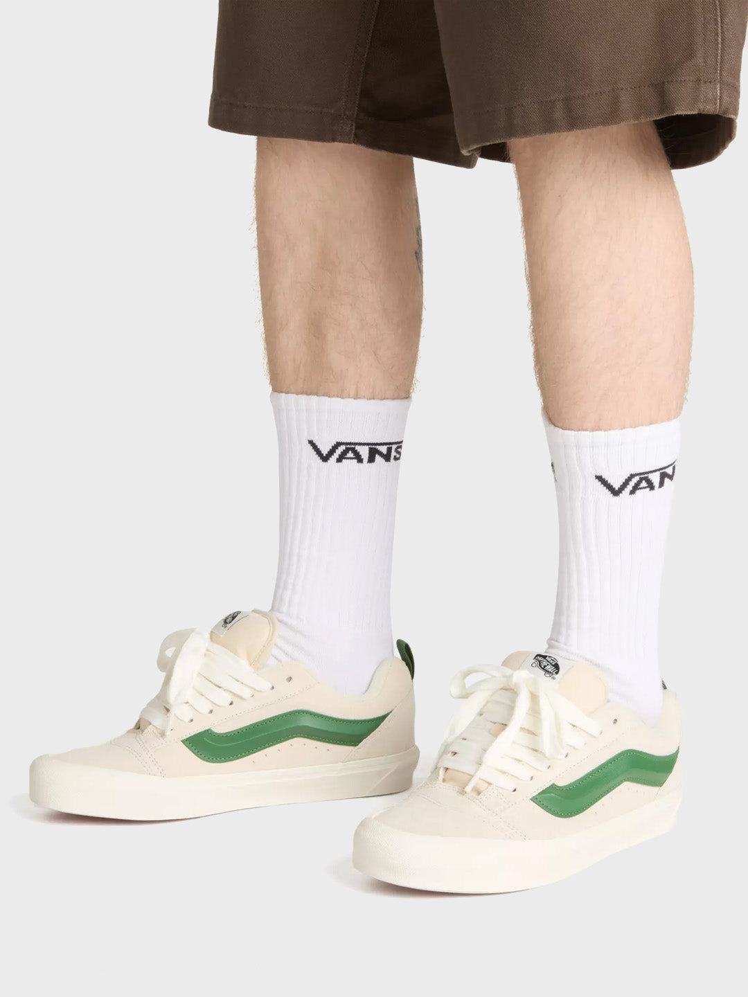 vans knu skool sneakers on-feet - retro look in vintage suede white