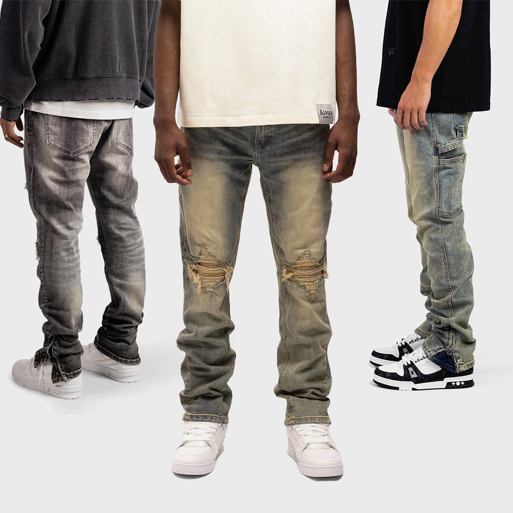 3 modellen dragen verschillende Rivero Jeans. Spijkerbroeken met gaten, ritsen en knopen.