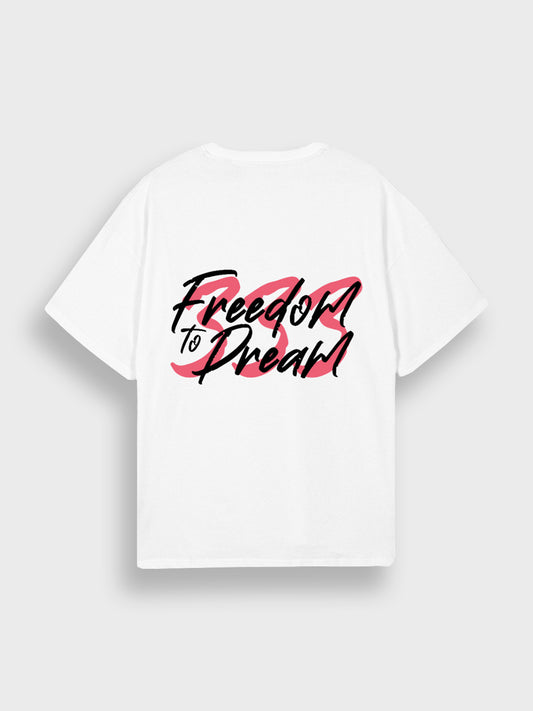 Achterkant van het 3Brothers FTD T-Shirt White/Coral met grote roze Freedom to Dream graphic