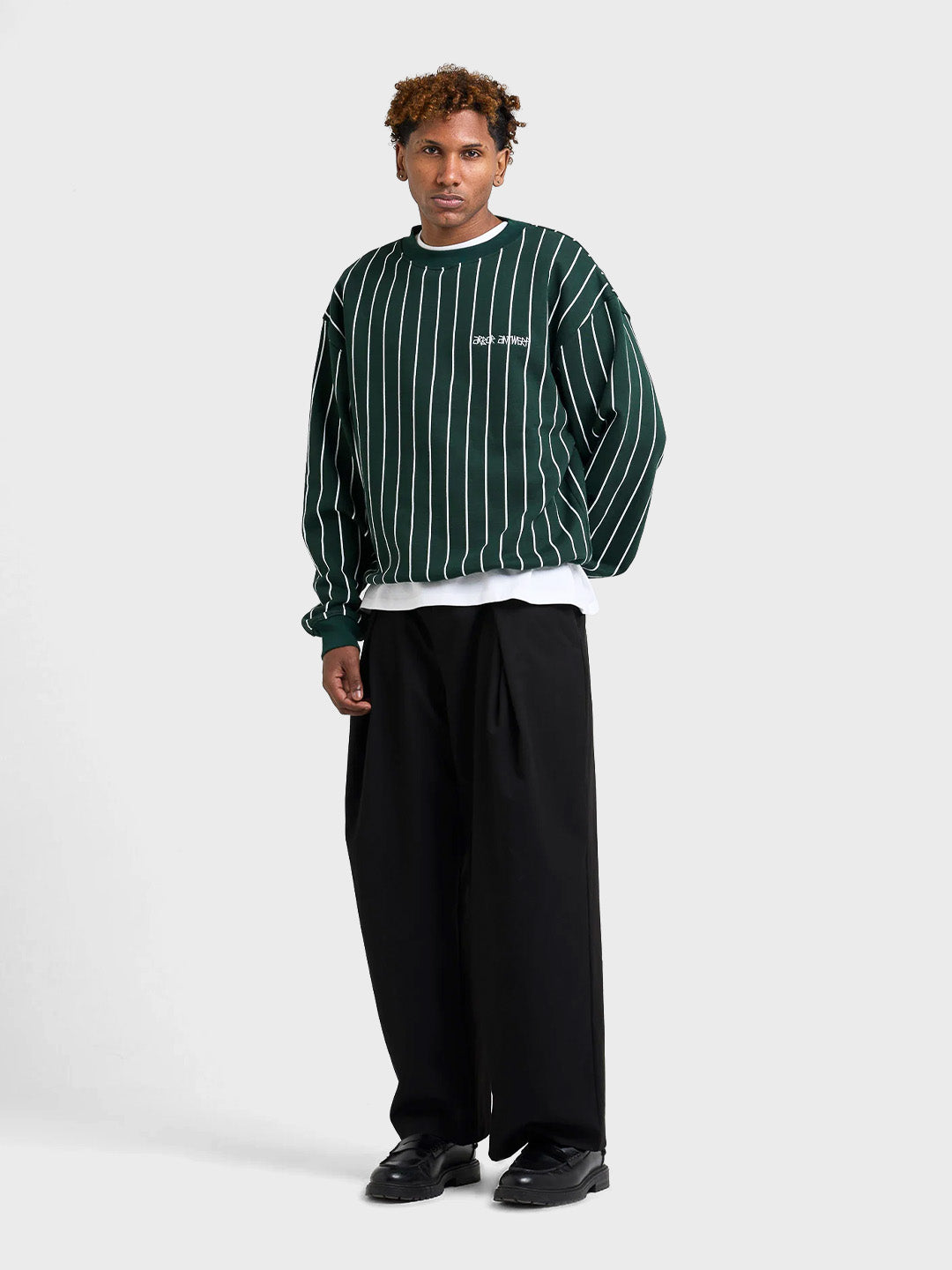 Arbor Antwerp Vertical Lines Crewneck Sweater Green - full outfit