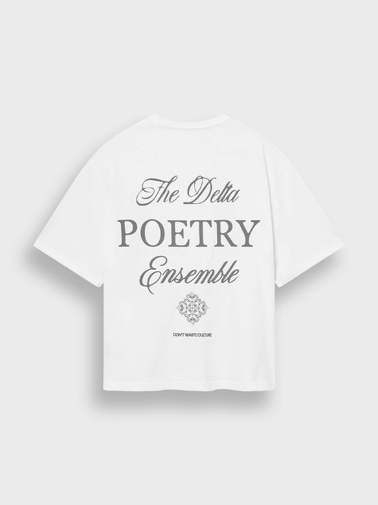 Rugzijde DWC Aradia T-Shirt White met Delta Poetry Ensemble print