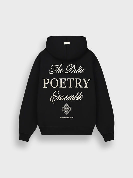 Rugprint The Delta Poetry Ensemble op zwarte DWC Kessara Hoodie