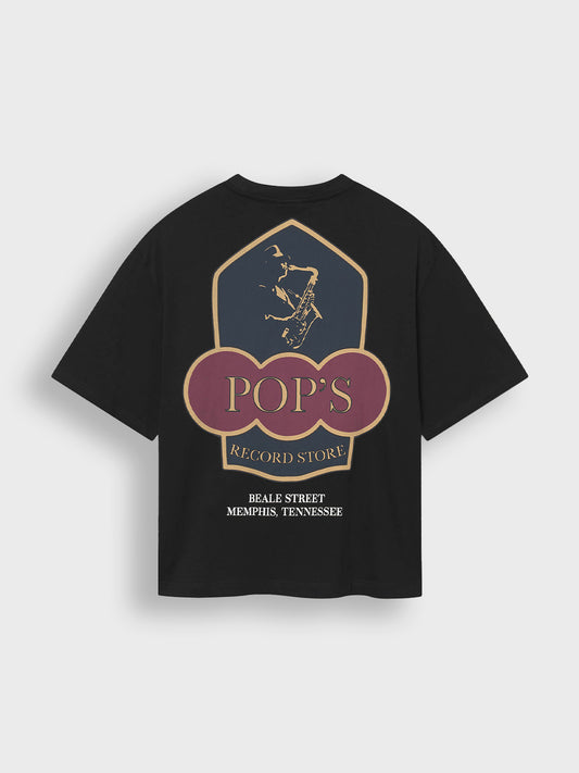 Zwarte Zalira T-shirt achterkant met Pop’s Record Store graphic van Don't Waste Culture