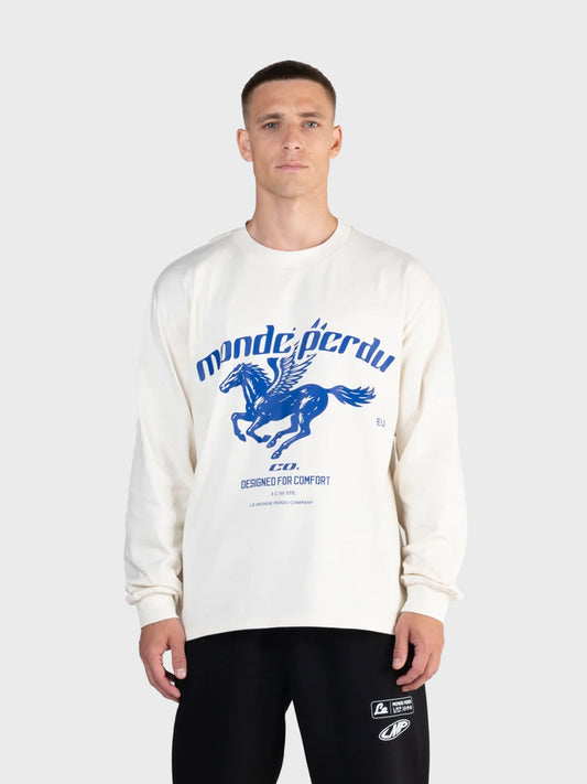 Le Monde Perdu Pegasus longsleeve ecru met blauwe print – model voorkant