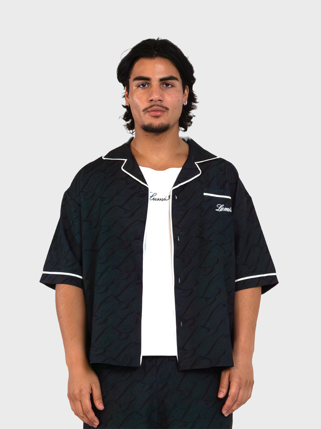 Lumi3re Monogram Satin Shirt | Black