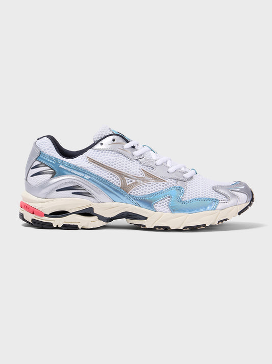 Zijaanzicht van de Mizuno Wave Rider 10 sneakers in White/Reef Waters