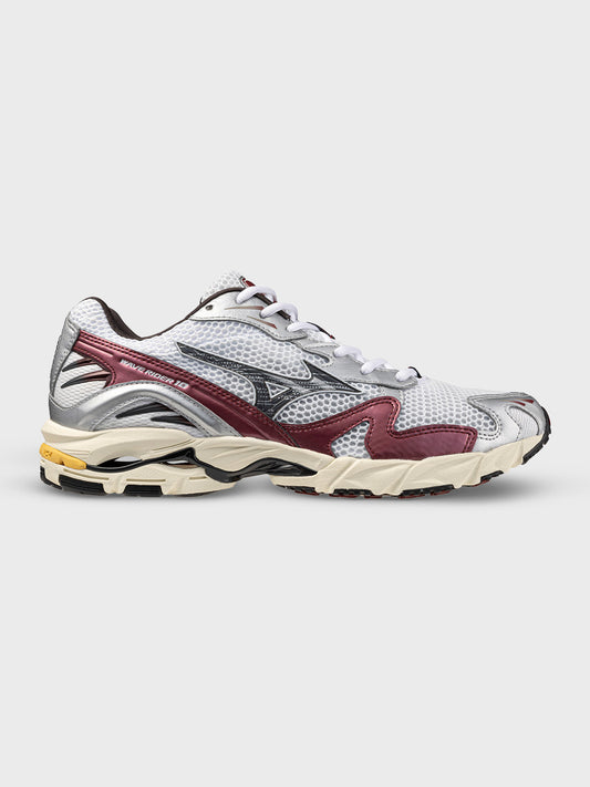 Zijaanzicht van de Mizuno Wave Rider 10 sneakers in White/Syrah