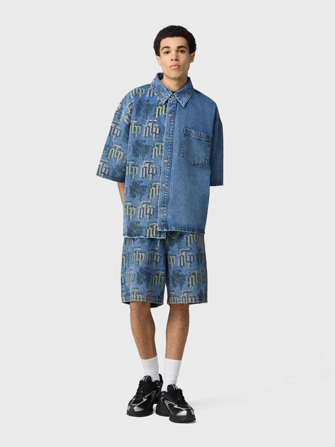 Off The Pitch Fraktur Denim Shirt Stone Wash - outfit