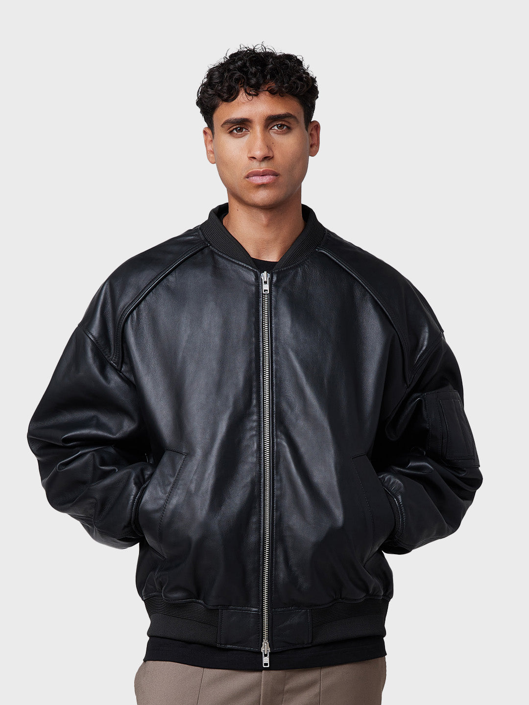 Off The Pitch Leather Bomber Jacket | Black