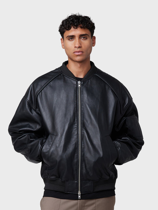 Off The Pitch Leather Bomber Jacket | Black
