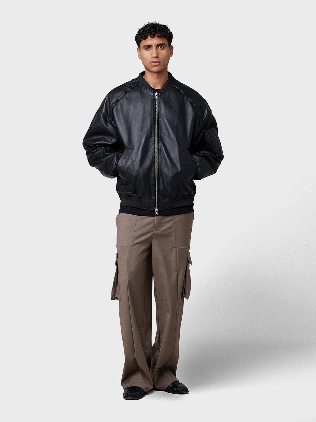 Off The Pitch Leather Bomber Jacket | Black