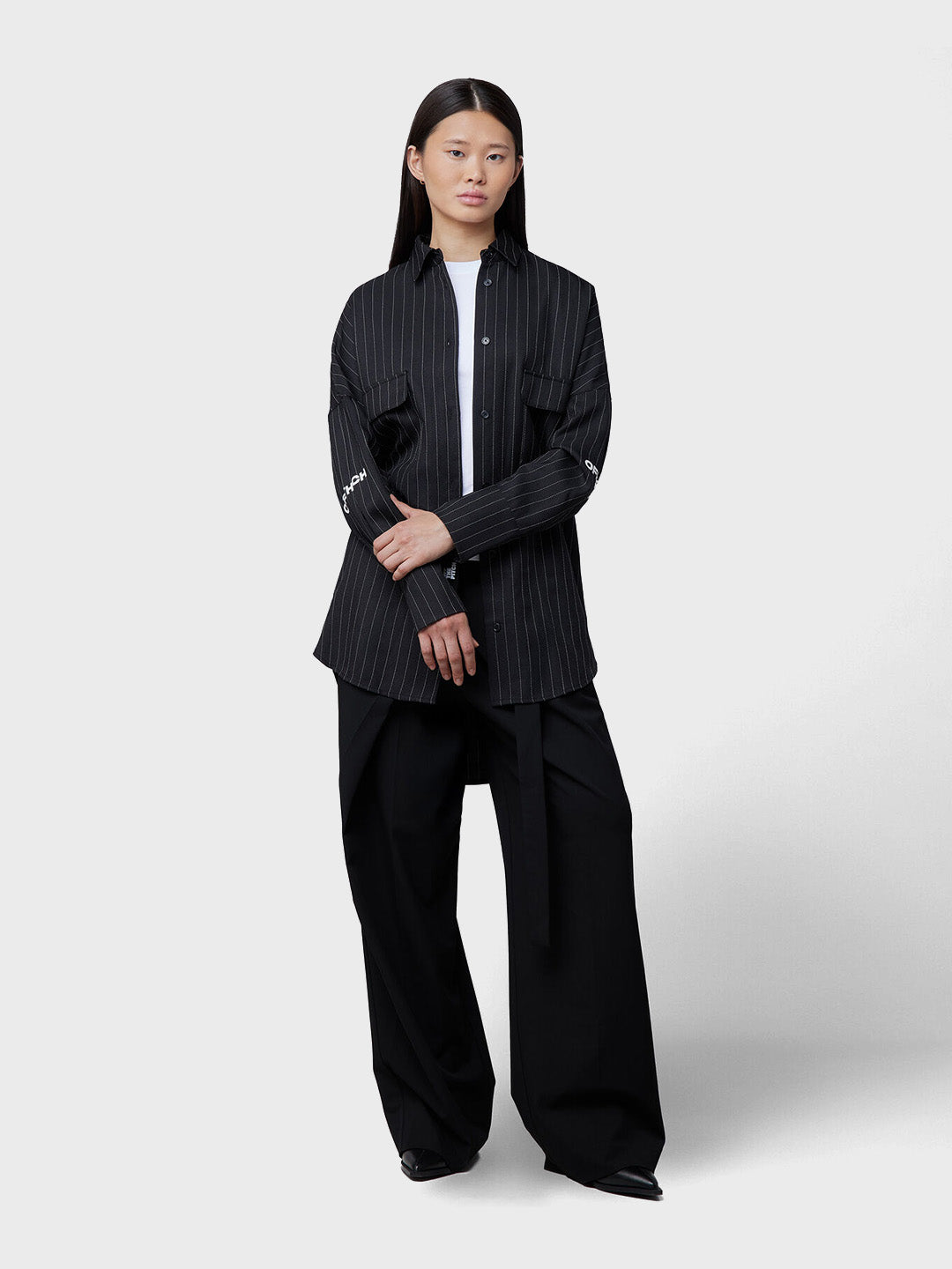 Off The Pitch Women Oversized Striped Shirt Black outfit styling
