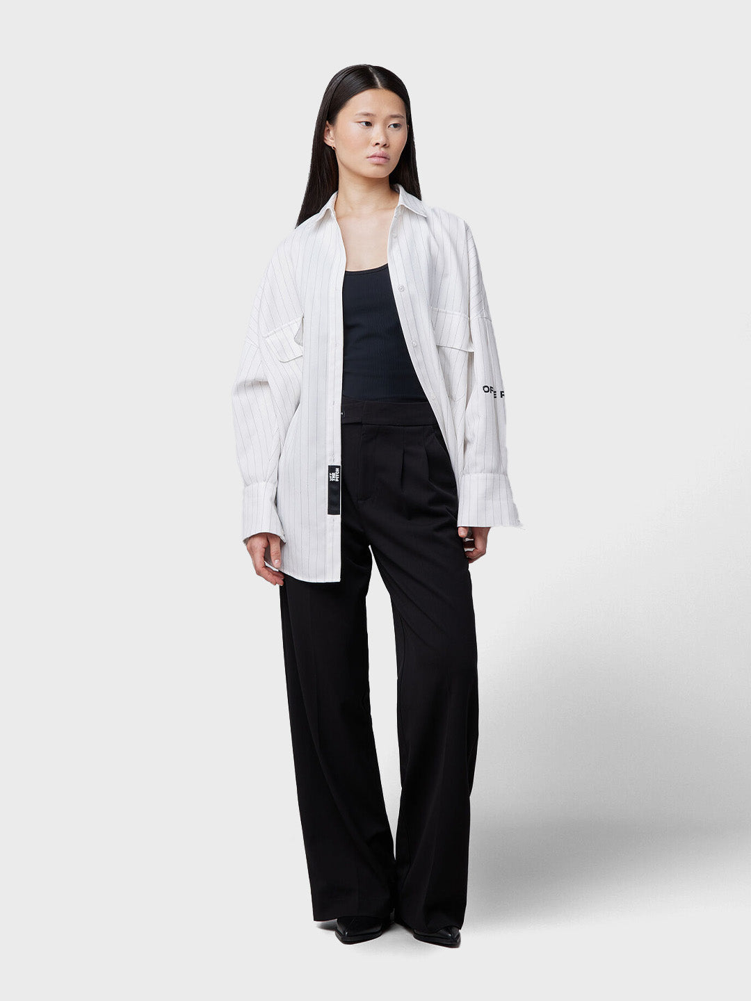 Off The Pitch Women Oversized Striped Shirt White outfit styling