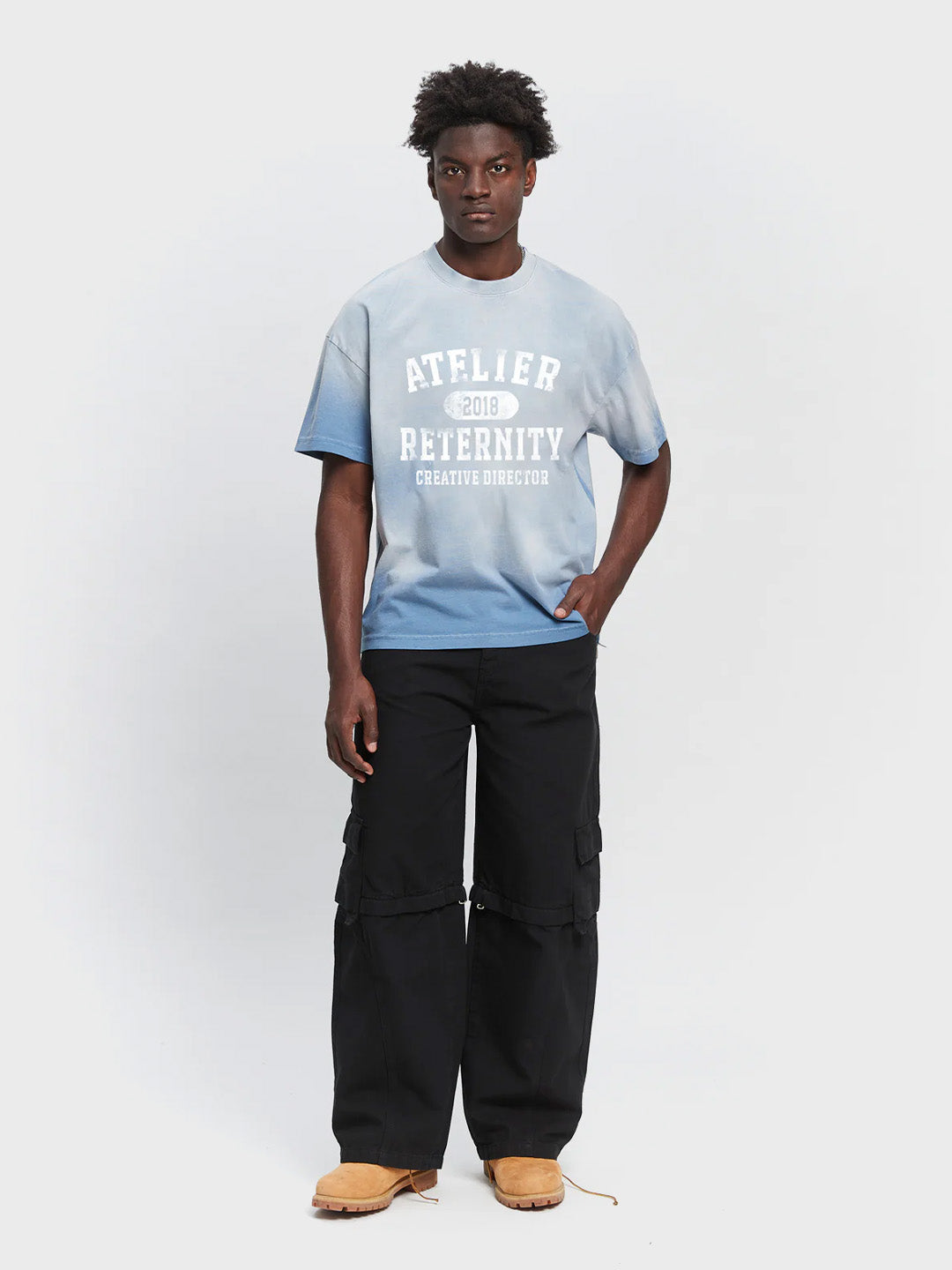 Reternity Atelier Emblem T-Shirt Bleached Blue - full outfit
