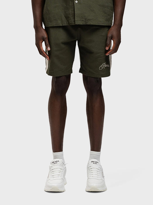 Rivero Retro Linen Shorts Green – vooraanzicht met witte band en geborduurde branding