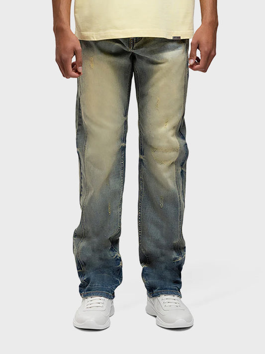 Rivero Segmented Washed Jeans Blue/Sand – model vooraanzicht met regular fit