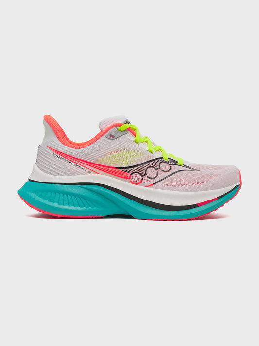 Zijkant van de Saucony Endorphin Speed 5 in White/Mutant met neon details