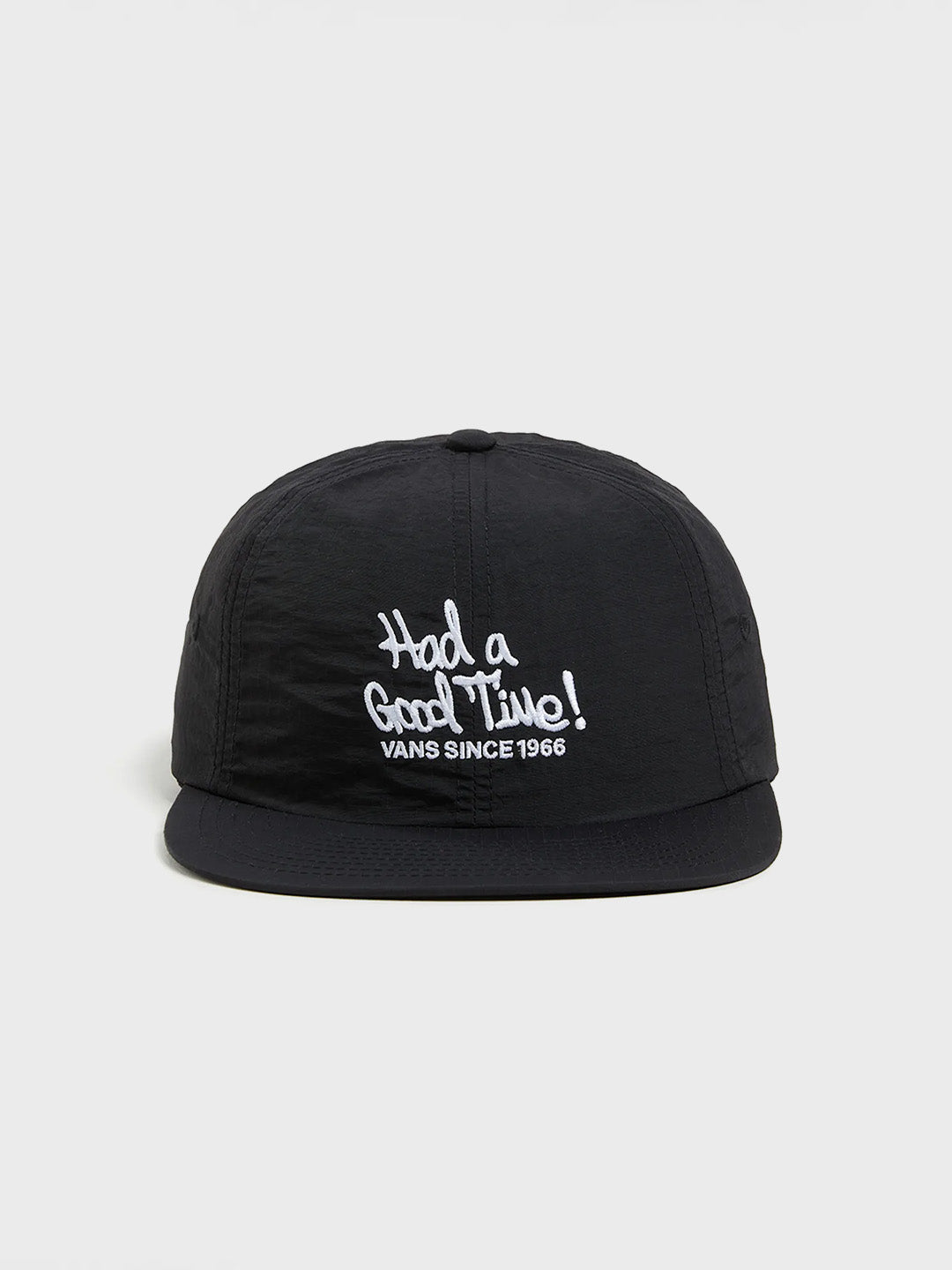 Zwarte Vans Had A Good Time Cap, voorkant met witte geborduurde slogan